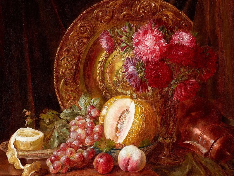 1802-Emily Stannard - Crisantemi, frutta e piatto
